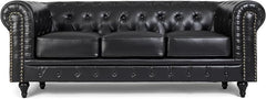 Chesterfield Sofa | 3 Seater Settee | Faux Bonded Leather | Foam Seat Cushions | Scroll Arms | Button Studded Back | Living Room Bedroom Conservatory | 205x90x78cm