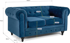 Velvet Chesterfield Sofa | 2 Seater Settee | Soft Plush Fabric | Foam Seat Cushions | Scroll Arms | Button Studded Back | Living Room Bedroom Conservatory|160x90x78cm|