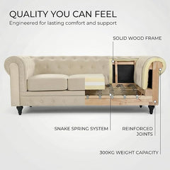 Velvet Chesterfield Sofa | 3 Seater Settee | Soft Plush Fabric | Foam Seat Cushions | Scroll Arms | Button Studded Back | Living Room Bedroom Conservatory | 205x90x78cm