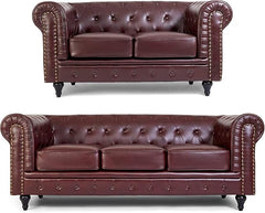 Chesterfield Sofa Suite | Armchair 2 & 3 Seater Sofa Set | Faux Bonded Leather | Foam Seat Cushions | Scroll Arms | Button Studded Back | Living Room