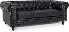 Chesterfield Sofa | 3 Seater Settee | Faux Bonded Leather | Foam Seat Cushions | Scroll Arms | Button Studded Back | Living Room Bedroom Conservatory | 205x90x78cm