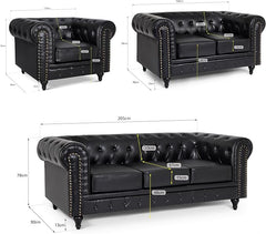 Chesterfield Sofa Suite | Armchair 2 & 3 Seater Sofa Set | Faux Bonded Leather | Foam Seat Cushions | Scroll Arms | Button Studded Back | Living Room