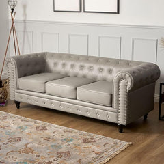 Chesterfield Sofa | 3 Seater Settee | Faux Bonded Leather | Foam Seat Cushions | Scroll Arms | Button Studded Back | Living Room Bedroom Conservatory | 205x90x78cm