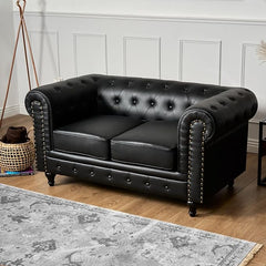 Chesterfield Sofa | 2 Seater Settee | Faux Bonded Leather | Foam Seat Cushions | Scroll Arms | Button Studded Back | Living Room Bedroom Conservatory | 160x90x78cm