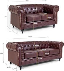 Chesterfield Sofa Set | 2 & 3 Seater Suite | Faux Bonded Leather | Foam Seat Cushions | Scroll Arms | Button Studded Back | Living Room|