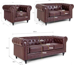 Chesterfield Sofa Suite | Armchair 2 & 3 Seater Sofa Set | Faux Bonded Leather | Foam Seat Cushions | Scroll Arms | Button Studded Back | Living Room