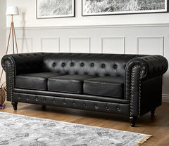 Chesterfield Sofa | 3 Seater Settee | Faux Bonded Leather | Foam Seat Cushions | Scroll Arms | Button Studded Back | Living Room Bedroom Conservatory | 205x90x78cm