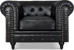 Chesterfield Armchair | Single Seater Accent Chair | Faux Bonded Leather | Foam Seat Cushion | Scroll Arms | Button Studded Back | Living Room Bedroom Conservatory |