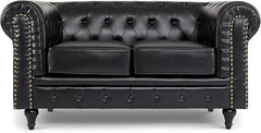 Chesterfield Sofa | 2 Seater Settee | Faux Bonded Leather | Foam Seat Cushions | Scroll Arms | Button Studded Back | Living Room Bedroom Conservatory | 160x90x78cm
