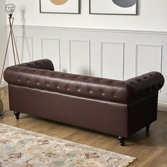 Chesterfield Sofa | 3 Seater Settee | Faux Bonded Leather | Foam Seat Cushions | Scroll Arms | Button Studded Back | Living Room Bedroom Conservatory | 205x90x78cm