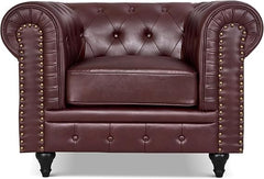 Chesterfield Armchair | Single Seater Accent Chair | Faux Bonded Leather | Foam Seat Cushion | Scroll Arms | Button Studded Back | Living Room Bedroom Conservatory |