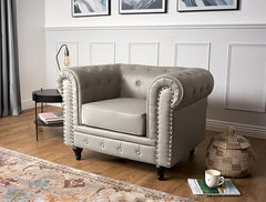 Chesterfield Armchair | Single Seater Accent Chair | Faux Bonded Leather | Foam Seat Cushion | Scroll Arms | Button Studded Back | Living Room Bedroom Conservatory |