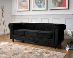 Velvet Chesterfield Sofa Suite | Armchair 2 & 3 Seater Sofa Set | Soft Plush Fabric | Foam Seat Cushions | Scroll Arms | Button Studded Back | Living Room |