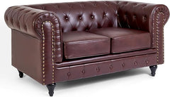 Chesterfield Sofa | 2 Seater Settee | Faux Bonded Leather | Foam Seat Cushions | Scroll Arms | Button Studded Back | Living Room Bedroom Conservatory | 160x90x78cm