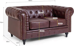 Chesterfield Sofa | 2 Seater Settee | Faux Bonded Leather | Foam Seat Cushions | Scroll Arms | Button Studded Back | Living Room Bedroom Conservatory | 160x90x78cm