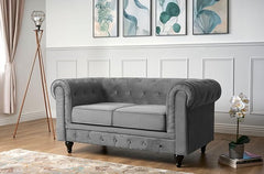 Velvet Chesterfield Sofa | 2 Seater Settee | Soft Plush Fabric | Foam Seat Cushions | Scroll Arms | Button Studded Back | Living Room Bedroom Conservatory|160x90x78cm|
