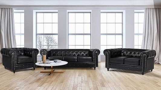 Chesterfield Sofa Suite | Armchair 2 & 3 Seater Sofa Set | Faux Bonded Leather | Foam Seat Cushions | Scroll Arms | Button Studded Back | Living Room