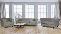 Chesterfield Sofa Suite | Armchair 2 & 3 Seater Sofa Set | Faux Bonded Leather | Foam Seat Cushions | Scroll Arms | Button Studded Back | Living Room