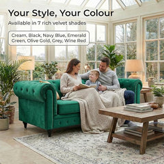 Velvet Chesterfield Sofa | 3 Seater Settee | Soft Plush Fabric | Foam Seat Cushions | Scroll Arms | Button Studded Back | Living Room Bedroom Conservatory | 205x90x78cm