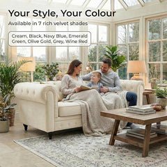 Velvet Chesterfield Sofa | 3 Seater Settee | Soft Plush Fabric | Foam Seat Cushions | Scroll Arms | Button Studded Back | Living Room Bedroom Conservatory | 205x90x78cm