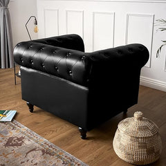 Chesterfield Armchair | Single Seater Accent Chair | Faux Bonded Leather | Foam Seat Cushion | Scroll Arms | Button Studded Back | Living Room Bedroom Conservatory |