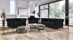 Velvet Chesterfield Sofa Suite | Armchair 2 & 3 Seater Sofa Set | Soft Plush Fabric | Foam Seat Cushions | Scroll Arms | Button Studded Back | Living Room |