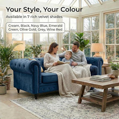 Velvet Chesterfield Sofa | 3 Seater Settee | Soft Plush Fabric | Foam Seat Cushions | Scroll Arms | Button Studded Back | Living Room Bedroom Conservatory | 205x90x78cm