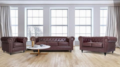 Chesterfield Sofa Suite | Armchair 2 & 3 Seater Sofa Set | Faux Bonded Leather | Foam Seat Cushions | Scroll Arms | Button Studded Back | Living Room