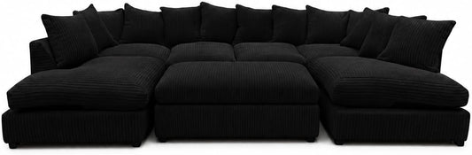 Black - Scatter Back Jumbo Cord U-Shape Sofa with Footstool