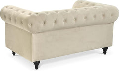 Velvet Chesterfield Sofa | 2 Seater Settee | Soft Plush Fabric | Foam Seat Cushions | Scroll Arms | Button Studded Back | Living Room Bedroom Conservatory|160x90x78cm|