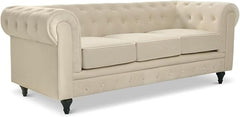 Velvet Chesterfield Sofa | 3 Seater Settee | Soft Plush Fabric | Foam Seat Cushions | Scroll Arms | Button Studded Back | Living Room Bedroom Conservatory | 205x90x78cm