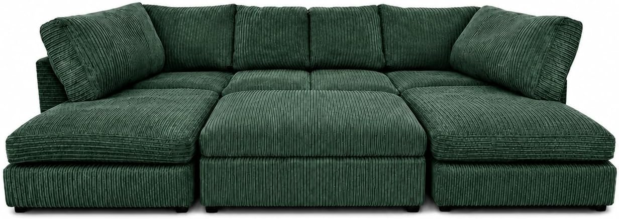 Green - Full Back Jumbo Cord U-Shape Sofa with Footstool