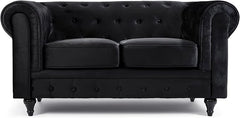 Velvet Chesterfield Sofa | 2 Seater Settee | Soft Plush Fabric | Foam Seat Cushions | Scroll Arms | Button Studded Back | Living Room Bedroom Conservatory|160x90x78cm|