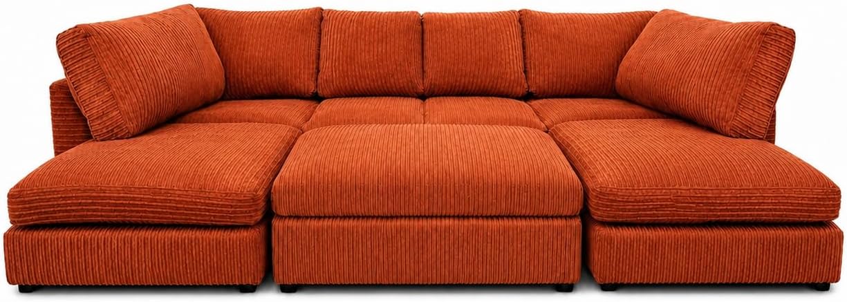 Orange - Full Back Jumbo Cord U-Shape Sofa with Footstool