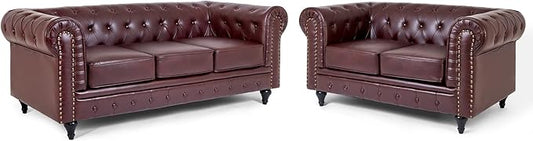 Chesterfield Sofa Set | 2 & 3 Seater Suite | Faux Bonded Leather | Foam Seat Cushions | Scroll Arms | Button Studded Back | Living Room|