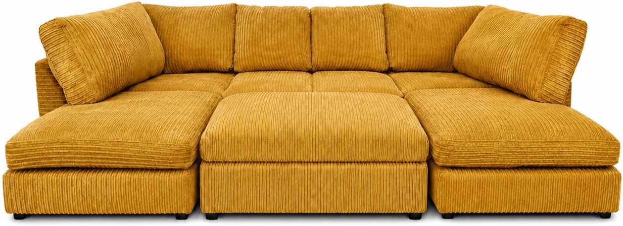 Mustard - Full Back Jumbo Cord U-Shape Sofa with Footstool