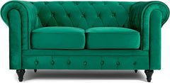 Velvet Chesterfield Sofa | 2 Seater Settee | Soft Plush Fabric | Foam Seat Cushions | Scroll Arms | Button Studded Back | Living Room Bedroom Conservatory|160x90x78cm|