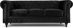 Velvet Chesterfield Sofa | 3 Seater Settee | Soft Plush Fabric | Foam Seat Cushions | Scroll Arms | Button Studded Back | Living Room Bedroom Conservatory | 205x90x78cm