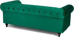 Velvet Chesterfield Sofa | 3 Seater Settee | Soft Plush Fabric | Foam Seat Cushions | Scroll Arms | Button Studded Back | Living Room Bedroom Conservatory | 205x90x78cm