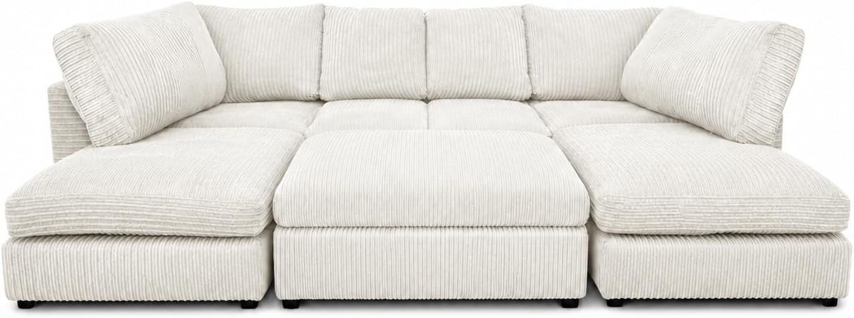 Cream - Full Back Jumbo Cord U-Shape Sofa with Footstool