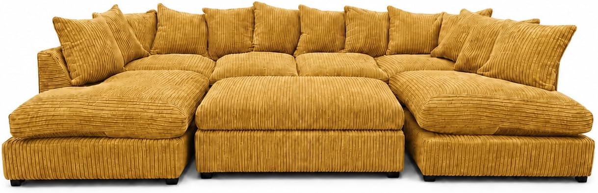 Mustard - Scatter Back Jumbo Cord U-Shape Sofa with Footstool