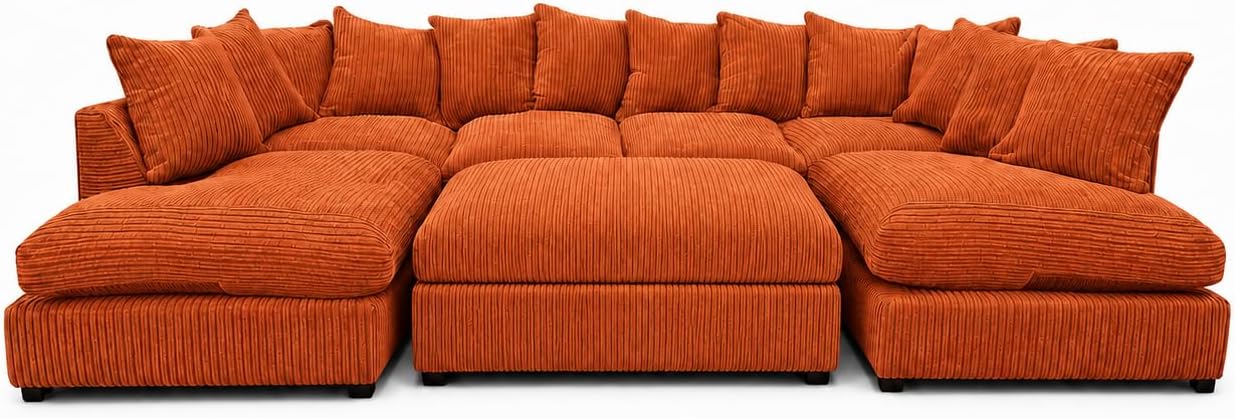 Orange - Scatter Back Jumbo Cord U-Shape Sofa with Footstool