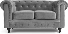 Velvet Chesterfield Sofa | 2 Seater Settee | Soft Plush Fabric | Foam Seat Cushions | Scroll Arms | Button Studded Back | Living Room Bedroom Conservatory|160x90x78cm|