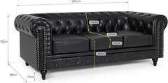 Chesterfield Sofa | 3 Seater Settee | Faux Bonded Leather | Foam Seat Cushions | Scroll Arms | Button Studded Back | Living Room Bedroom Conservatory | 205x90x78cm