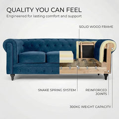 Velvet Chesterfield Sofa | 3 Seater Settee | Soft Plush Fabric | Foam Seat Cushions | Scroll Arms | Button Studded Back | Living Room Bedroom Conservatory | 205x90x78cm