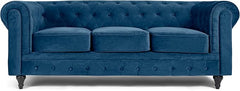 Velvet Chesterfield Sofa | 3 Seater Settee | Soft Plush Fabric | Foam Seat Cushions | Scroll Arms | Button Studded Back | Living Room Bedroom Conservatory | 205x90x78cm
