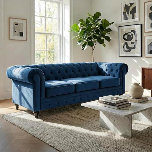 Velvet Chesterfield Sofa | 3 Seater Settee | Soft Plush Fabric | Foam Seat Cushions | Scroll Arms | Button Studded Back | Living Room Bedroom Conservatory | 205x90x78cm