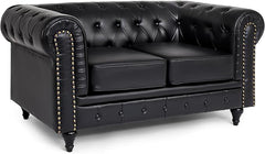 Chesterfield Sofa | 2 Seater Settee | Faux Bonded Leather | Foam Seat Cushions | Scroll Arms | Button Studded Back | Living Room Bedroom Conservatory | 160x90x78cm