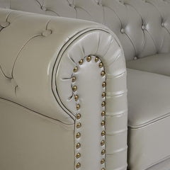 Chesterfield Sofa Suite | Armchair 2 & 3 Seater Sofa Set | Faux Bonded Leather | Foam Seat Cushions | Scroll Arms | Button Studded Back | Living Room