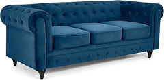 Velvet Chesterfield Sofa | 3 Seater Settee | Soft Plush Fabric | Foam Seat Cushions | Scroll Arms | Button Studded Back | Living Room Bedroom Conservatory | 205x90x78cm